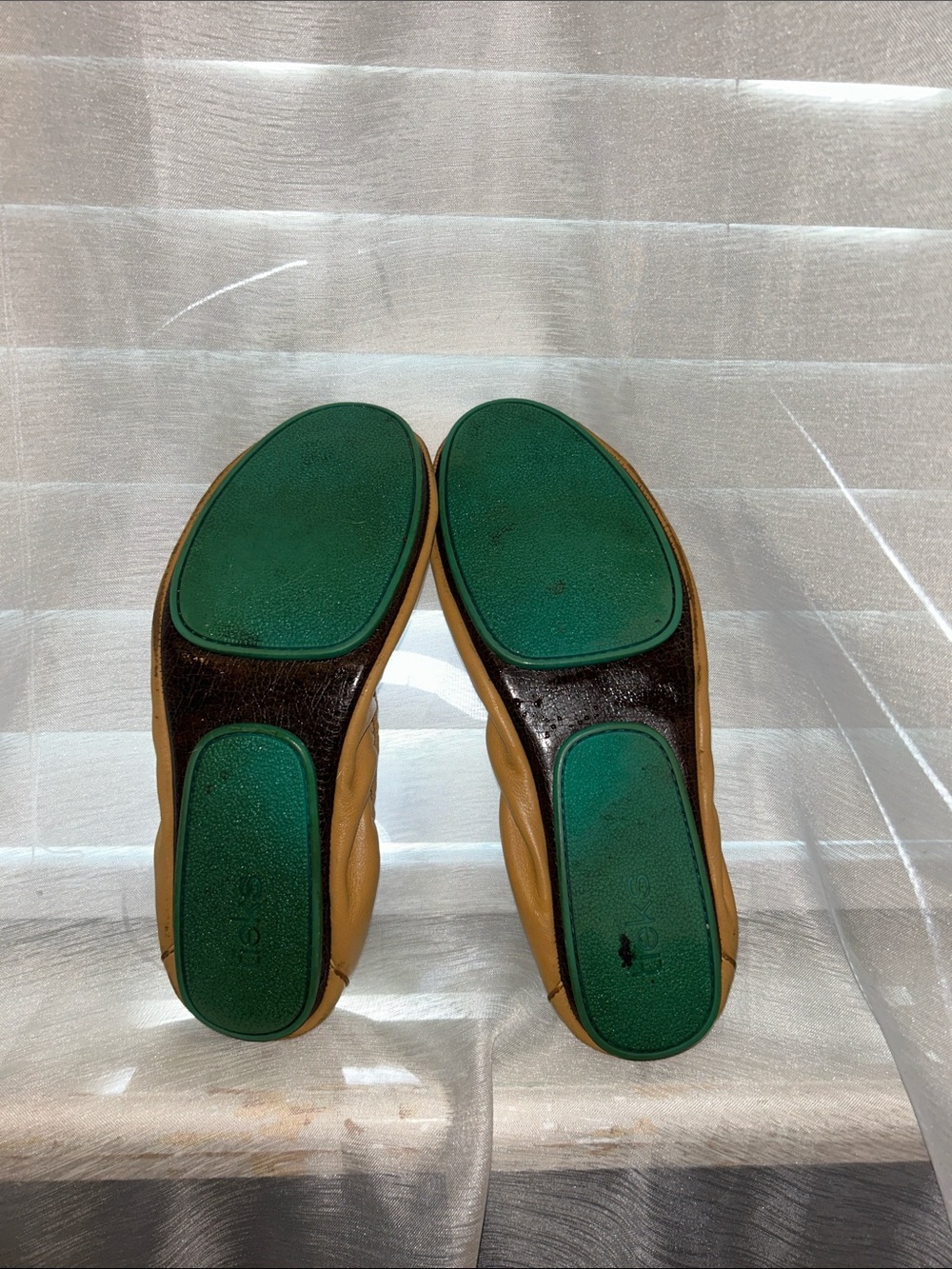 Tieks Tan Leather Ballet Flats with Teal Stripe - Picture 2 of 3